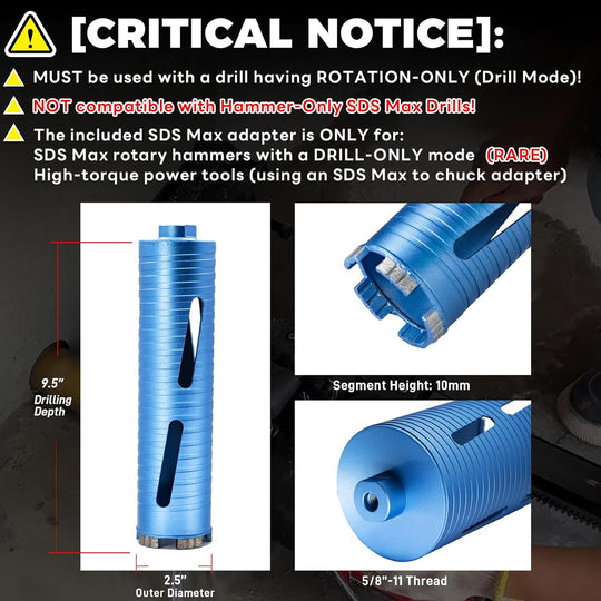 2 1/2" Dry Core Drill Bit, 5/8"-11 Thread, with 3 Adapters Included: SDS Plus, SDS Max and 1/2" Hex Shank; 9.5" Drill Depth, 2.5 Inch Diamond Core Bits for Brick, Block and Masonry