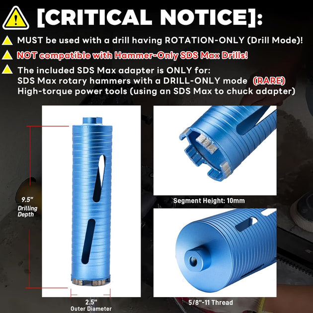 2 1/2" Dry Core Drill Bit, 5/8"-11 Thread, with 3 Adapters Included: SDS Plus, SDS Max and 1/2" Hex Shank; 9.5" Drill Depth, 2.5 Inch Diamond Core Bits for Brick, Block and Masonry