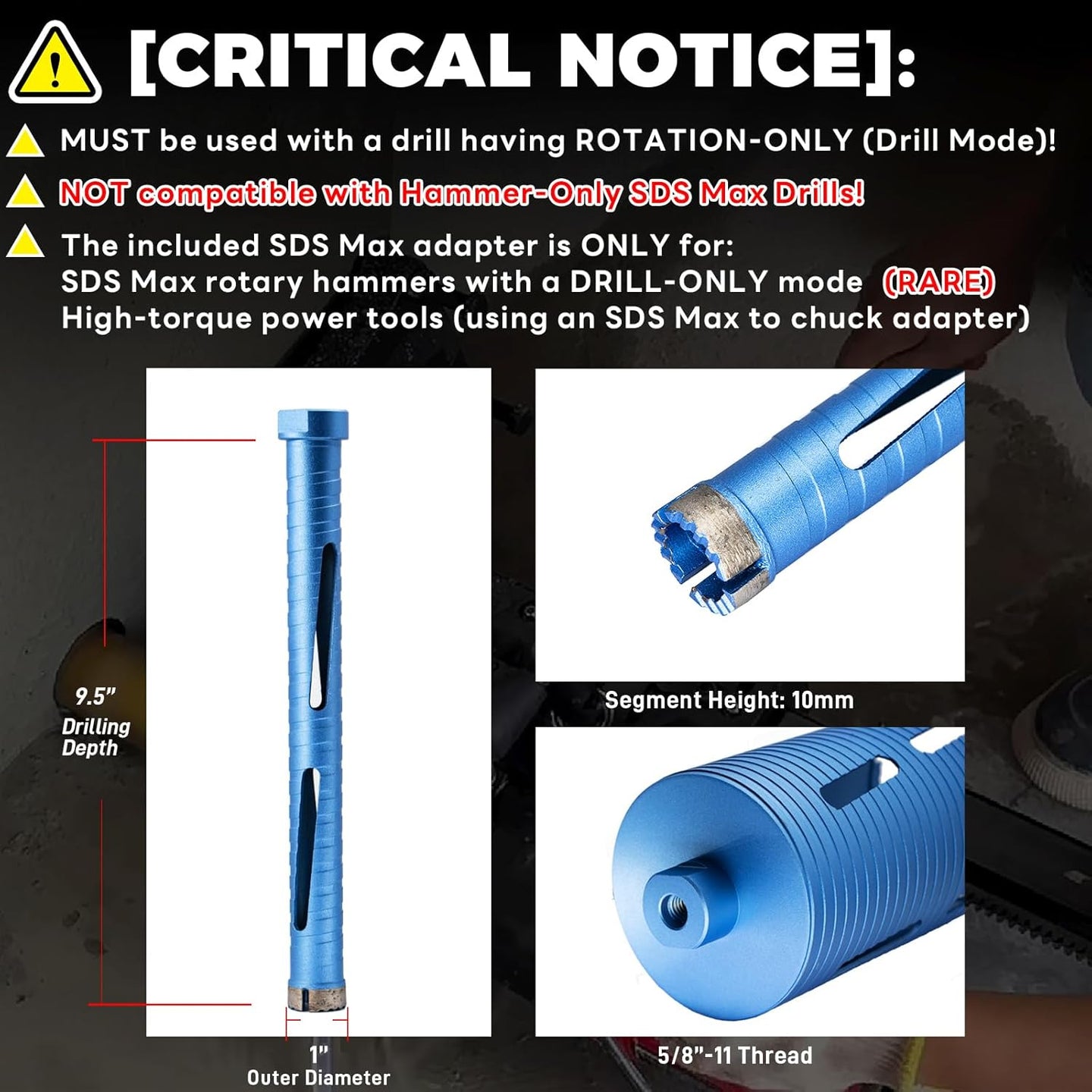 1" Dry Core Drill Bit, 5/8"-11 Thread, with 3 Adapters Included: SDS Plus, SDS Max and 1/2" Hex Shank -9.5" Drilling Depth Diamond Core Bits for Concrete, Brick, Block, Stucco and Masonry