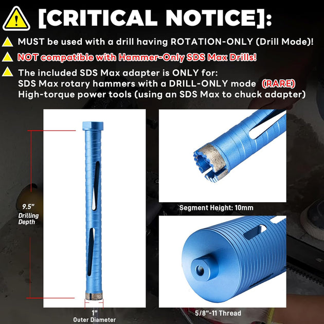 1" Dry Core Drill Bit, 5/8"-11 Thread, with 3 Adapters Included: SDS Plus, SDS Max and 1/2" Hex Shank -9.5" Drilling Depth Diamond Core Bits for Concrete, Brick, Block, Stucco and Masonry