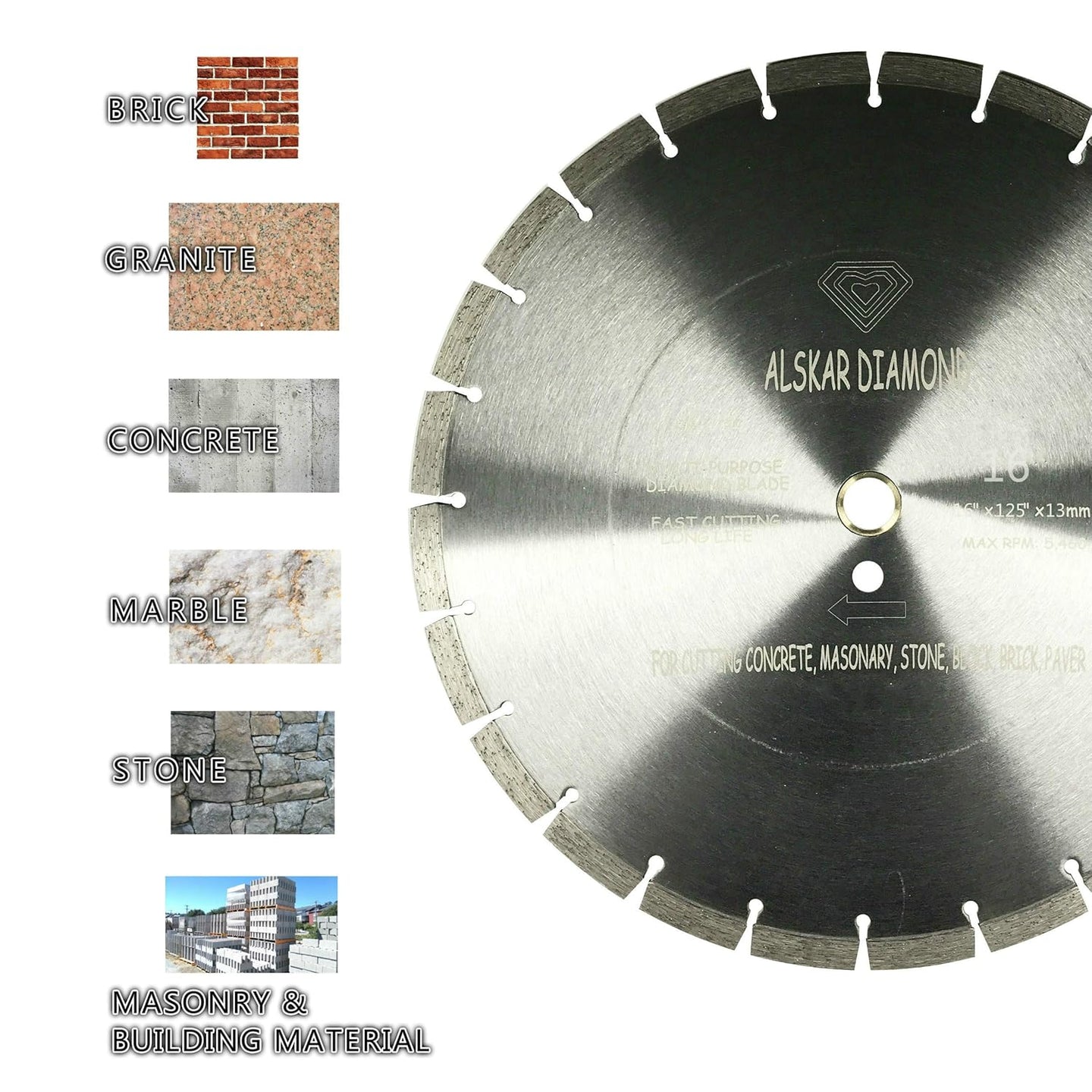 (5 Pack)  ADLSS 16 Inch Dry or Wet Cutting General Purpose Power Saw Segmented Diamond Blades for Concrete Stone Brick Masonry (16" - 5 Pcs)