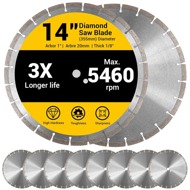 10 Pcs 14 Inch Diamond Concrete Saw Blade, 14 Inch Masonry Blade with 12 Mm Arbor Dry or Wet Concrete Saw Cutting General Purpose Segmented High Speed for Brick Stone Block Marble Granite
