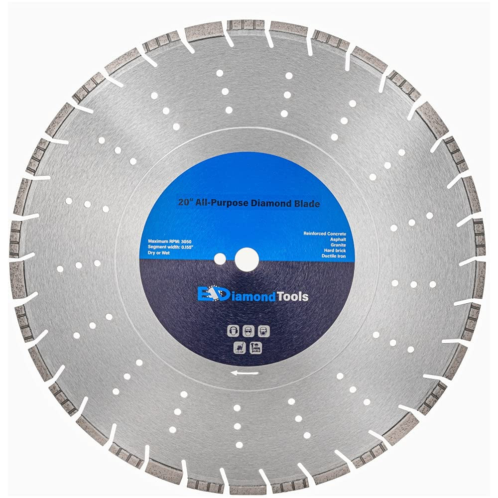 20" All Purpose Diamond Saw Blades for Hard/Reinforced Concrete, Asphalt, Granite, Terrazzo, Ductile Iron Piping, 7-5/8" Cutting Depth, 1" Arbor
