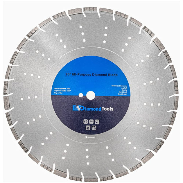20" All Purpose Diamond Saw Blades for Hard/Reinforced Concrete, Asphalt, Granite, Terrazzo, Ductile Iron Piping, 7-5/8" Cutting Depth, 1" Arbor
