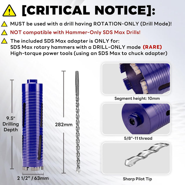2-1/2" Pro Dry Core Drill Bit with Pilot Bit & 3 Adapters (SDS Plus/Sds Max/1/2 Hex), Upgraded-Welded Core Bits for Concrete with Rebar, Masonry, Brick, Mortar - 9.5" Depth, 5/8"-11 Thread