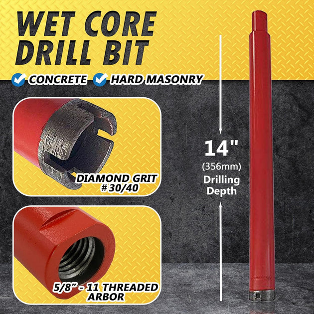 1-3/4" Wet Drill Core Bits for Concrete and Hard Masonry, Diamond Hole Saw, 14" Drilling Depth, 1-1/4"-7 Arbor, Wet Only