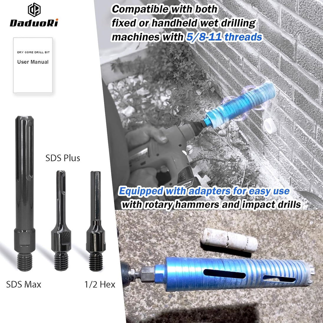 1" Dry Core Drill Bit, 5/8"-11 Thread, with 3 Adapters Included: SDS Plus, SDS Max and 1/2" Hex Shank -9.5" Drilling Depth Diamond Core Bits for Concrete, Brick, Block, Stucco and Masonry
