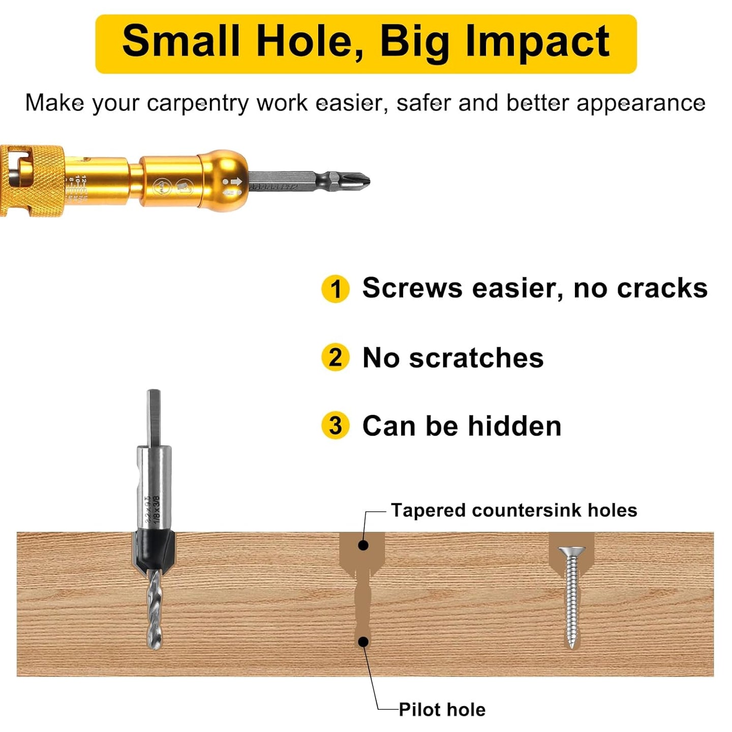 5PCS Countersink Drill Bit Set with Low Friction Depth Stop & Replaceable HSS M2 Drill Bit, Counter Sink Drill Bit for Wood, Plastic, Woodworking, with 1/4" Quick Change Hex Shank & Case