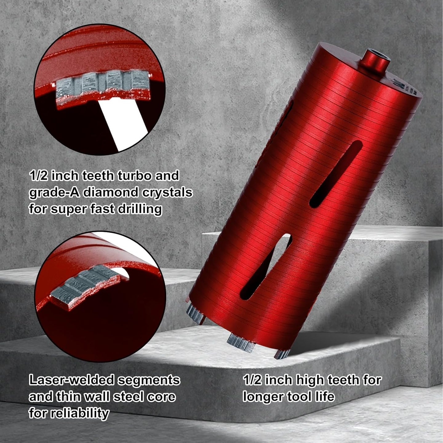 Diamond Core Drill Bits 2 1/2" Diameter 10"/254Mm Drilling Depth 5/8-11" Thread Core Bit Turbo Laser-Welded Segments for Cured Concrete with Brick Block Masonry with Two Adapters（Red）