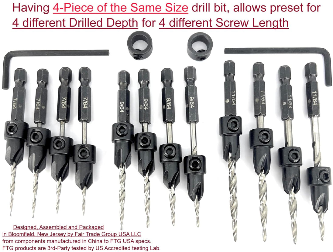 Countersink Drill Bit Set 4 Pc #4 (7/64"), 4 Pc #6 (9/64"), 4Pc #8 (11/64") with Tapered Drill Bits, Depth Stop and Storage Container