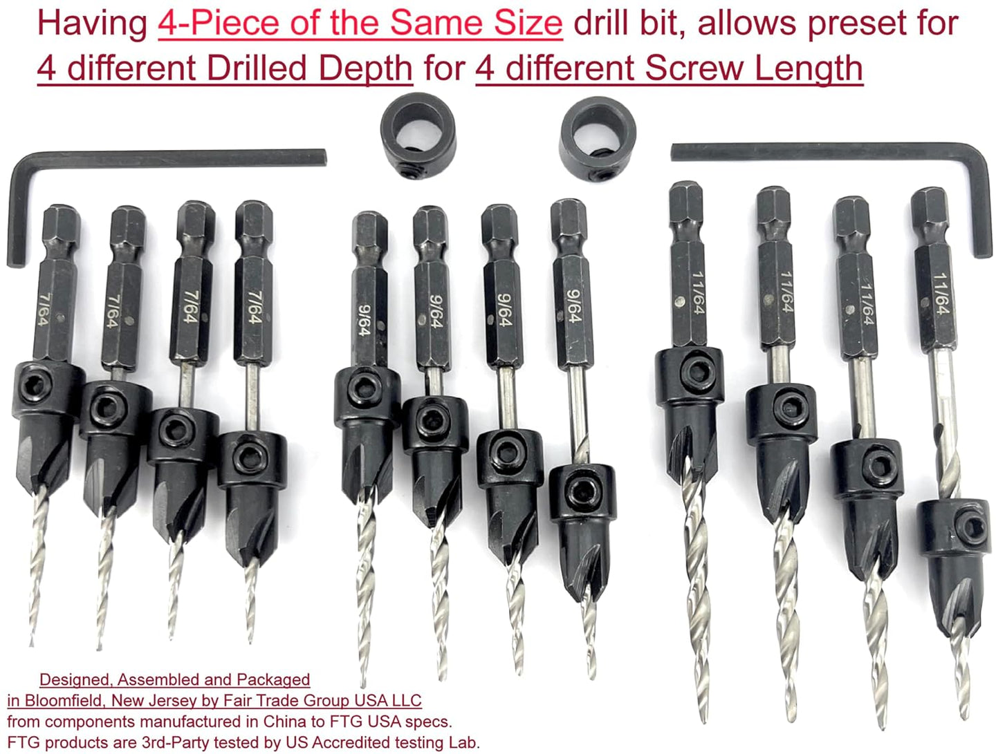 Countersink Drill Bit Set 4 Pc #4 (7/64"), 4 Pc #6 (9/64"), 4Pc #8 (11/64") with Tapered Drill Bits, Depth Stop and Storage Container