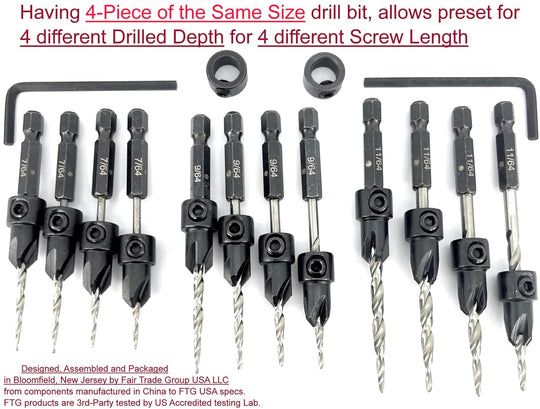 Countersink Drill Bit Set 4 Pc #4 (7/64"), 4 Pc #6 (9/64"), 4Pc #8 (11/64") with Tapered Drill Bits, Depth Stop and Storage Container