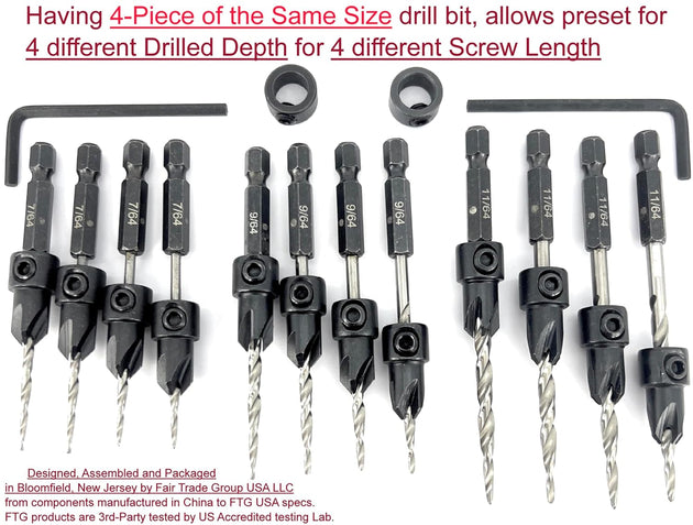 Countersink Drill Bit Set 4 Pc #4 (7/64"), 4 Pc #6 (9/64"), 4Pc #8 (11/64") with Tapered Drill Bits, Depth Stop and Storage Container