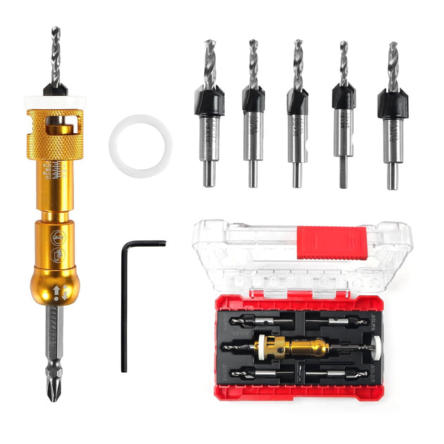 5PCS Countersink Drill Bit Set with Low Friction Depth Stop & Replaceable HSS M2 Drill Bit, Counter Sink Drill Bit for Wood, Plastic, Woodworking, with 1/4" Quick Change Hex Shank & Case