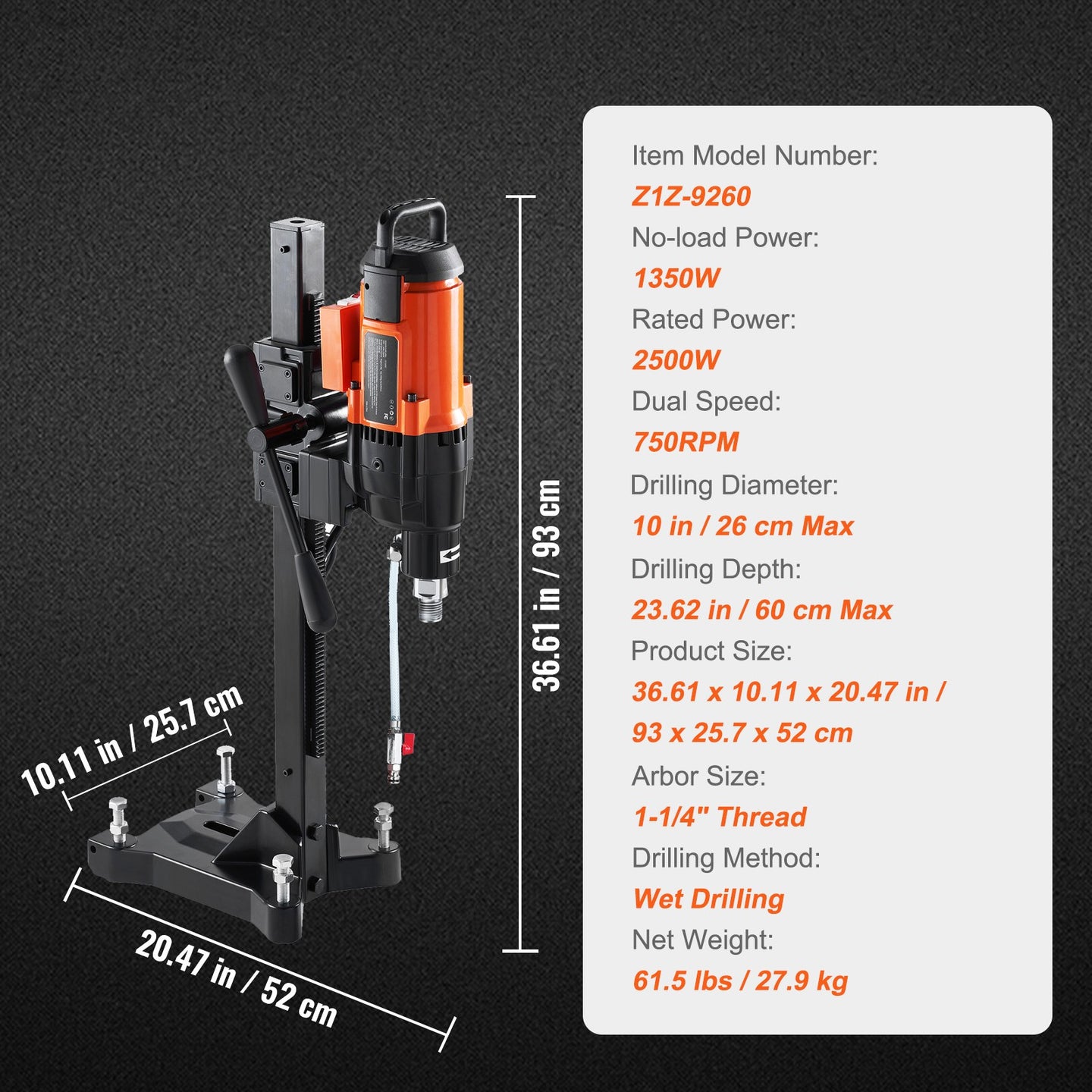 Diamond Core Drill Machine Concrete Core Drill Rig Casters 2500W 750RPM