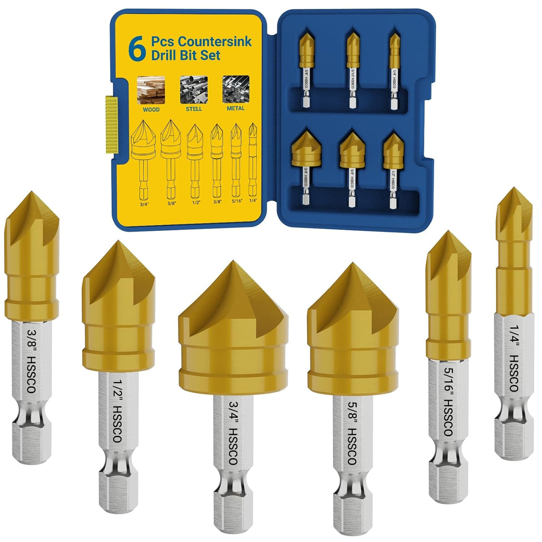 6 Pieces Countersink Drill Bit Set, M35 Cobalt HSS Countersink Drill Bits with 1/4 Inch Quick Change Hex Shank for Metal, Wood, Stainless Steel, Carbon Steel