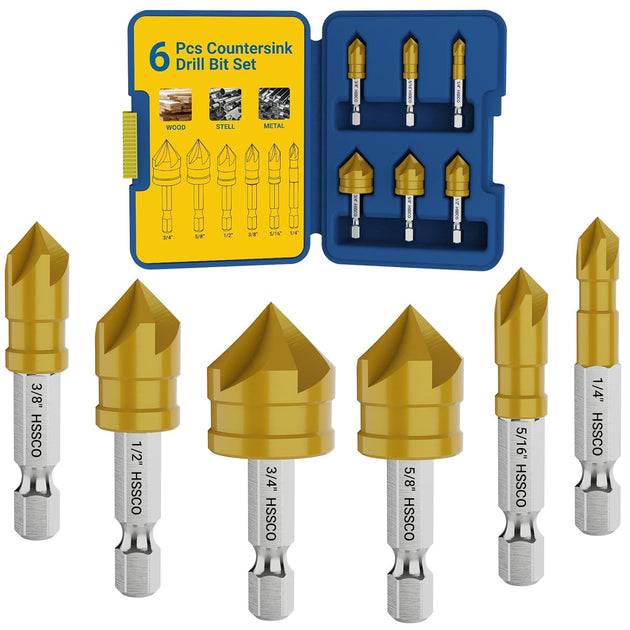 6 Pieces Countersink Drill Bit Set, M35 Cobalt HSS Countersink Drill Bits with 1/4 Inch Quick Change Hex Shank for Metal, Wood, Stainless Steel, Carbon Steel