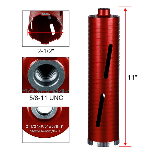 Diamond Core Drill Bits 2 1/2" Diameter 10"/254Mm Drilling Depth 5/8-11" Thread Core Bit Turbo Laser-Welded Segments for Cured Concrete with Brick Block Masonry with Two Adapters（Red）