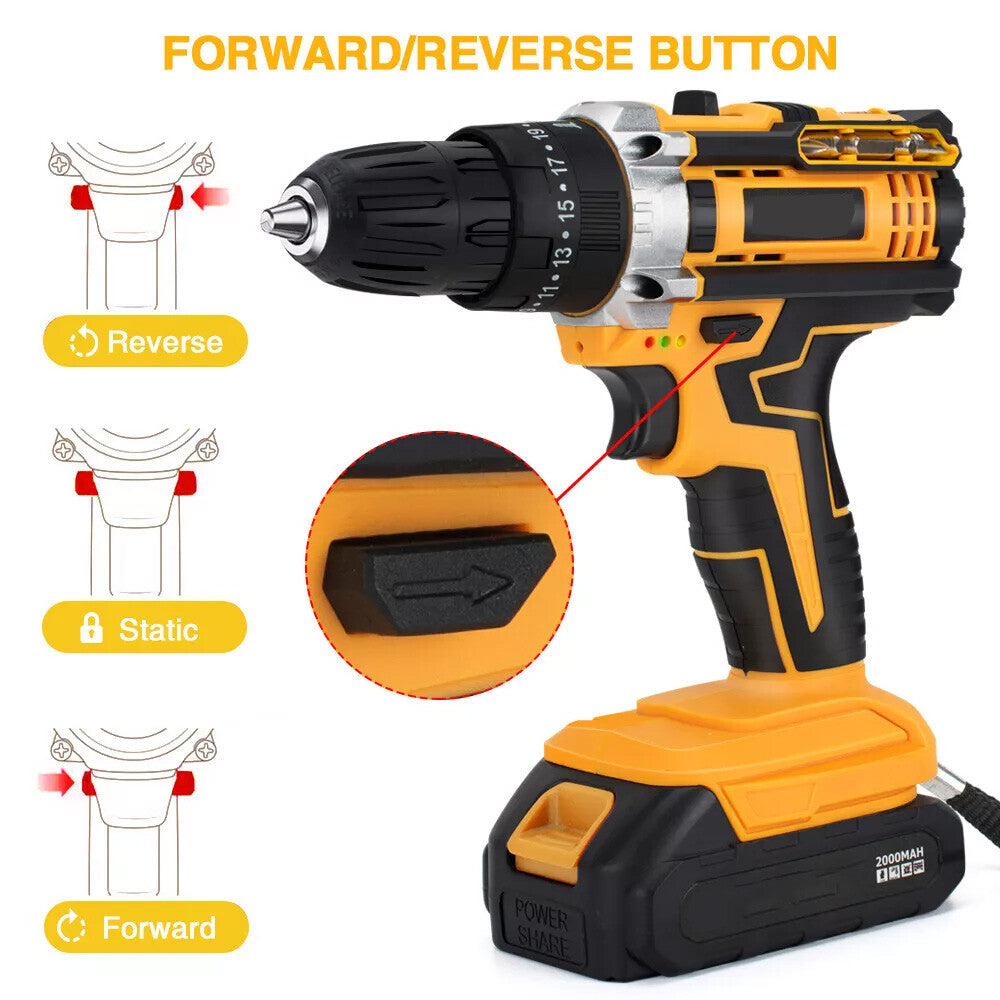21V Cordless Hammer Drill Set Electric Impact Driver Screwdriver with 2 Battery