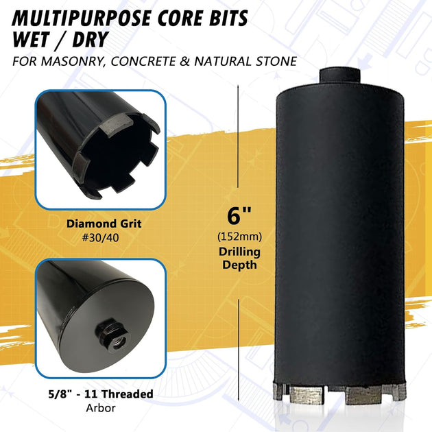 3-1/2" Dry/Wet Multipurpose Core Bit for Masonry, Concrete and Natural Stone, 6" Drilling Depth, 5/8"-11 Arbor