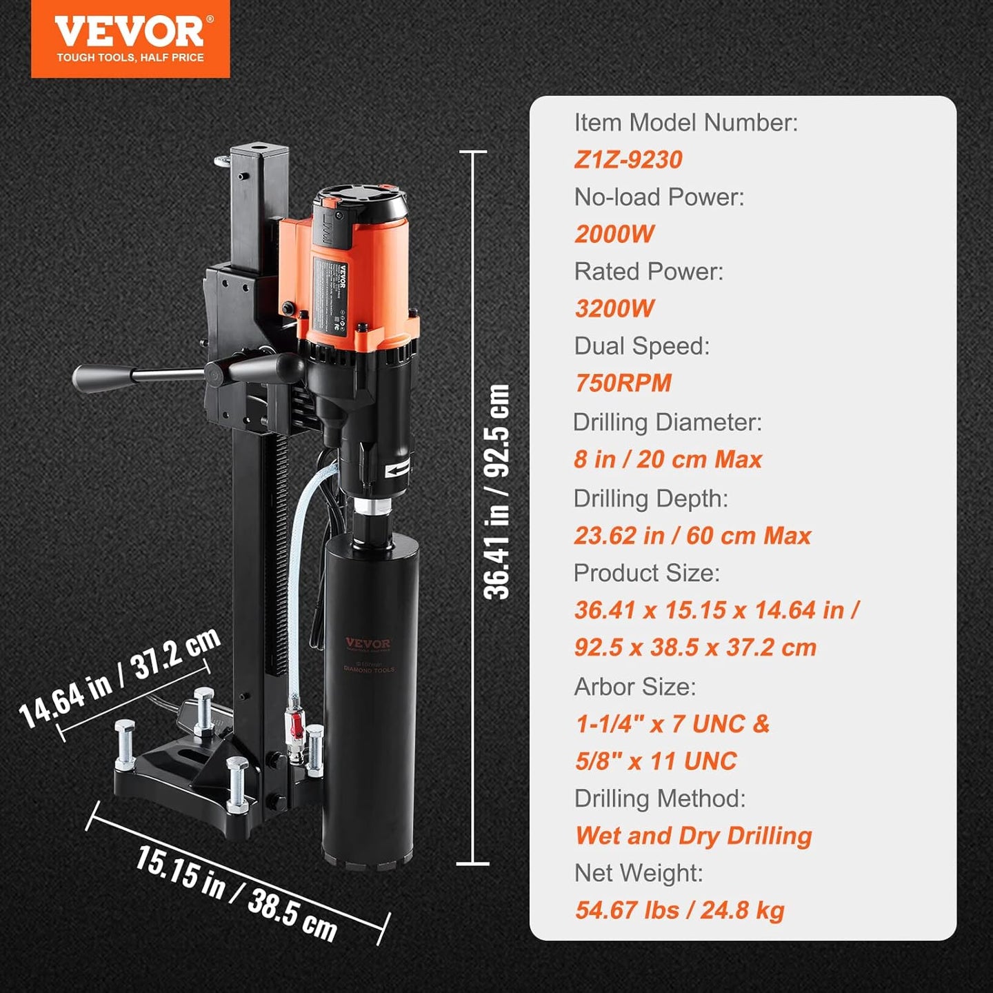 Diamond Core Drilling Machine, 8In Wet&Dry Concrete Core Drill Rig with Stand, 750RPM Speed & 1-1/4" 5/8" Thread & Lifting Handle, 8In Drilling Diameter for Concrete Brick Block Stone, 2500W
