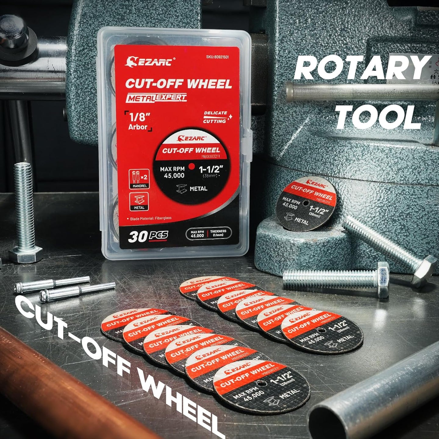1-1/2 Cut off Wheels, 1.5" X 1/8" Fiberglass Reinforced Rotary Tool Cutting Disc Accessories Include Mandrels, 32-Pack